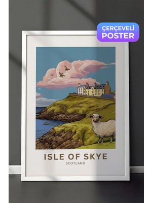 Zestia Beyaz Çerçeveli  Duvar Tablosu Isle Of Skye Iskoçya Sahil Köyü Illüstrasyonu Salon Dekoru