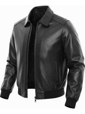 Moda Erkek Siyah Fermuarlı Hakiki Deri Kolej Ceket