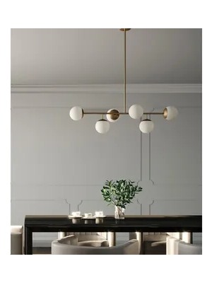 Vivense Designer Altılı Sıralı Avize, Eskitme Gold, Beyaz Camlı