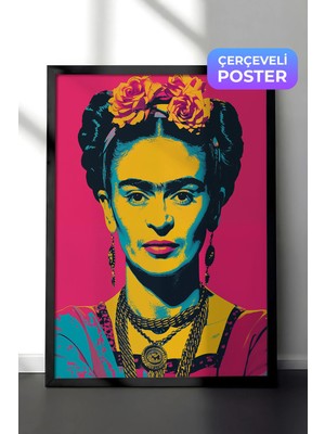Zestia Siyah Çerçeveli Duvar Tablosu Frida Kahlo Pop Art Renkli Portre Yorumu Salon Dekoru