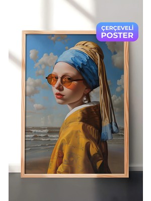 Zestia Ahşap Çerçeveli Duvar Tablosu Inci Küpeli Kız Modern Pop Art Portre Yorumu Salon Dekoru