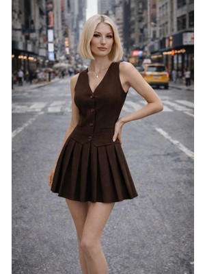 İbeeka Soho Elegance Piliseli Mini Elbise  - Acı Kahve - M