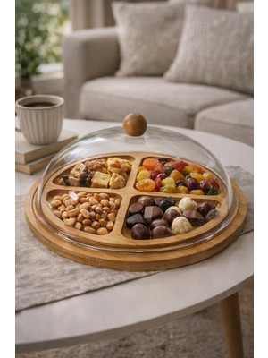 Nokka 4 Bölmeli Bambu Sunumluk Akrilik Kapaklı Çerezlik Kahvaltılık Sunum Tabağı  28X28 cm