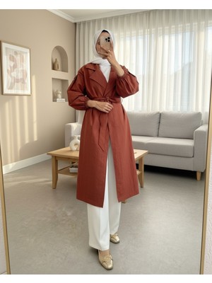 Moda Morfo Kolu Lastikli Kemerli Astarlı Trençkot -Kiremit