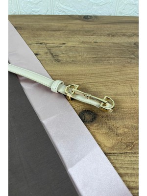 Paşala Leather Hakiki Deri Kadın Kemer Bej Gold Ataç Tokalı 2 cm Genişlik Dikişli Bombeli Elbise Uyumlu