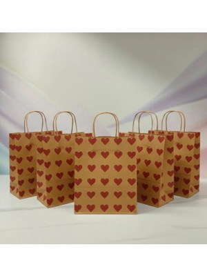 25X31 cm ( 10 Adet ) Kırmızı Kalp Desenli Kraft Çanta,hediye Poşeti,hediye Paketi,kraft Kağıt Çanta