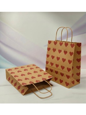 25X31 cm ( 5 Adet ) Kırmızı Kalp Desenli Kraft Çanta,hediye Poşeti,hediye Paketi,kraft Kağıt Çanta