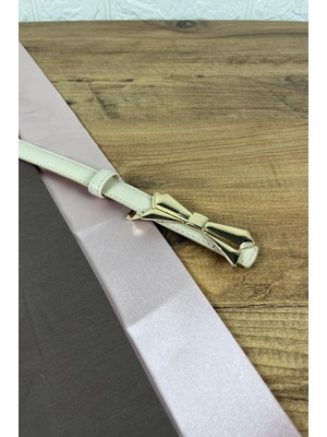 Paşala Leather Hakiki Deri Kadın Kemer Bej Gold Fiyonk Tokalı 2 cm Genişlik Dikişli Bombeli Elbise Uyumlu