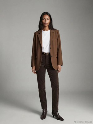 LC Waikiki Lcw Vision Bej Kruvaze Yaka Kadın Kaşe Blazer Ceket