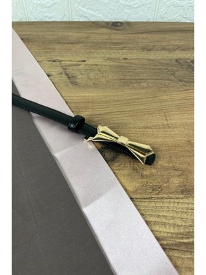 Paşala Leather Hakiki Deri Kadın Kemer Siyah Gold Fiyonk Tokalı 2 cm Genişlik Dikişli Bombeli Elbise Uyumlu