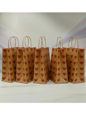 25X31 cm ( 15 Adet ) Kırmızı Kalp Desenli Kraft Çanta,hediye Poşeti,hediye Paketi,kraft Kağıt Çanta