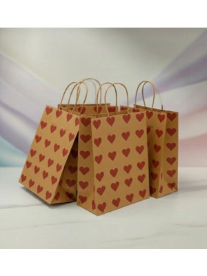 25X31 cm ( 20 Adet ) Kırmızı Kalp Desenli Kraft Çanta,hediye Poşeti,hediye Paketi,kraft Kağıt Çanta