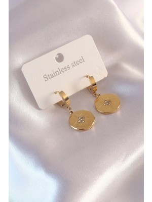 TKÇ Mey Ithalat® Çelik Gold Renk Kutup Yıldızı Işleme Zirkon Taşlı Kadın Küpe