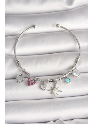 TKÇ Mey Ithalat® Pirinç Gümüş Renk Sallantı Zirkon Taşlı Kutup Yıldız Figür Kalp Detay Charm