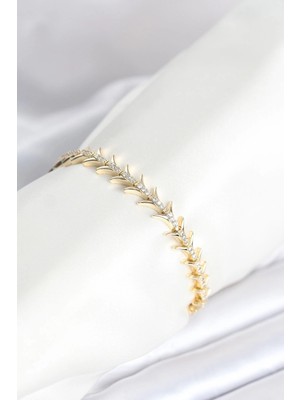 TKÇ Mey Ithalat® Pirinç Gold Renk Balık Sırtı Model Zirkon Taşlı Kadın Bileklik