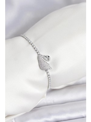 TKÇ Mey Ithalat® Kuğu Model Zirkon Taşlı Gümüş Renk Asansörlü Su Yolu Bileklik