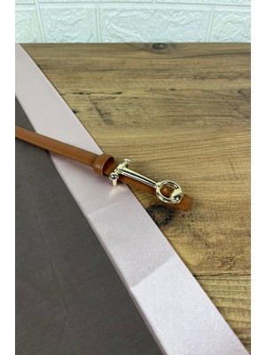 Paşala Leather Hakiki Deri Kadın Kemer Taba Gold Halka Detay Tokalı 2 cm Genişlik Dikişli Bombeli Elbise Uyumlu