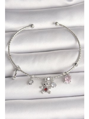 TKÇ Mey Ithalat® Pirinç Gümüş Renk Sallantı Zirkon Taşlı Ayıcık Figür Kırmızı Taş Detay