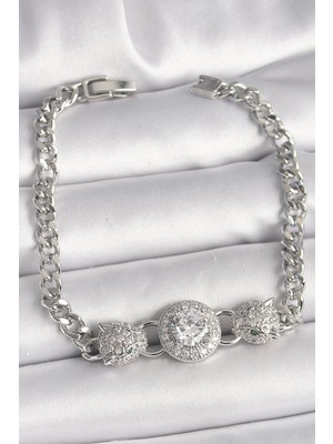 TKÇ Mey Ithalat® Pirinç Gümüş Renk Zirkon Taşlı Leopar Figür Zincir Model Kadın Bileklik