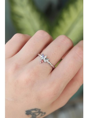 TKÇ Mey Ithalat® Pirinç Gümüş Renk Ayarlanabilir Renkli Zirkon Taşlı Yusufçuk Yüzük