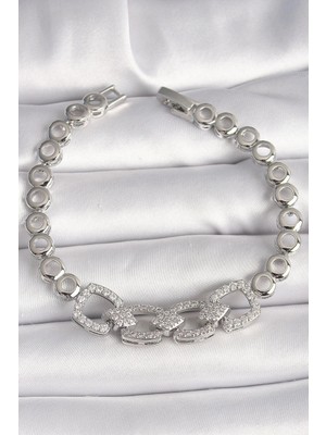 TKÇ Mey Ithalat® Pirinç Gümüş Renk Zirkon Taşlı Daire Zincir Model Kadın Bileklik