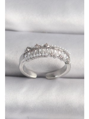 TKÇ Mey Ithalat® Pirinç Gümüş Renk Zirkon Taşlı Inci Detay Vıp Seri Kadın Yüzük