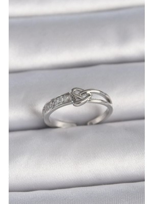 TKÇ Mey Ithalat® Pirinç Gümüş Renk Ayarlanabilir Zirkon Taşlı Düğüm Kalp Model Kadın Yüzük