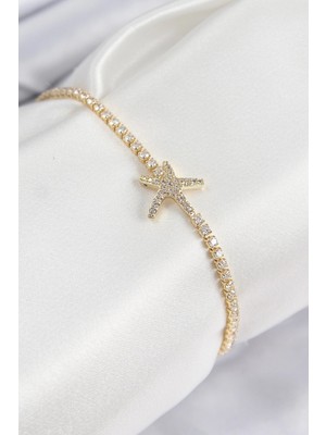 TKÇ Mey Ithalat® Pirinç Zirkon Taşlı Deniz Yıldızı Model Gold Renk Kadın Bileklik