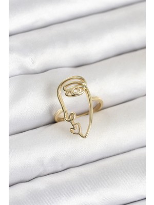 TKÇ Mey Ithalat® Pirinç Gold Renk Picasso Tarzı Tek Çizgi Yüz Model Kadın Yüzük