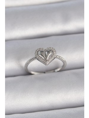 TKÇ Mey Ithalat® Pirinç Gümüş Renk Ayarlanabilir Zirkon Taşlı Kalp Model Kadın Yüzük