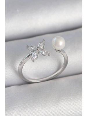 TKÇ Mey Ithalat® Pirinç Gümüş Renk Zirkon Taşlı Çiçek Model Inci Detay Ayarlanabilir Kadın Y