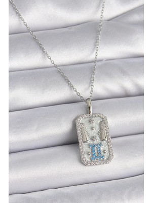 TKÇ Mey Ithalat® 316L Çelik Gümüş Renk Zincir Ikizler Burcu Zirkon Taşlı Kadın Kolye