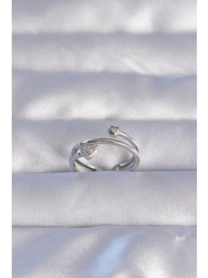 TKÇ Mey Ithalat® Pirinç Gümüş Renk Zirkon Taşlı Kalpli Model Ayarlanabilir Yüzük