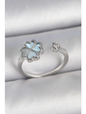 TKÇ Mey Ithalat® Pirinç Gümüş Renk Mavi Mineli Yonca Model Zirkon Taş Detay Ayarlanabilir Kadın