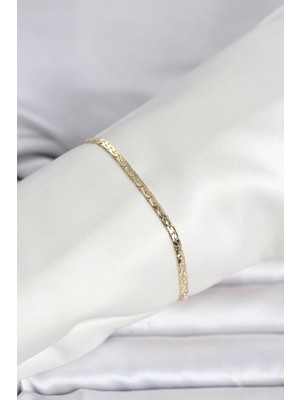 TKÇ Mey Ithalat® cm 14K Gold Renk Yassı Ezme Zincir Model Kadın Bileklik