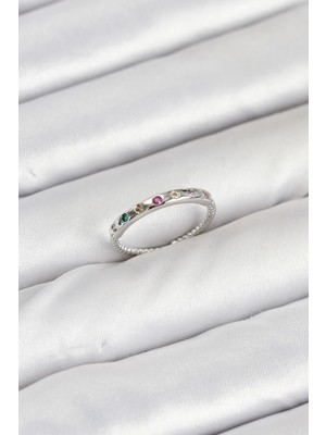 TKÇ Mey Ithalat® Pirinç Gümüş Renk Renkli Zirkon Taşlı Kadın Yüzük