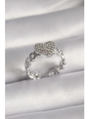 TKÇ Mey Ithalat® Pirinç Gümüş Renk Zirkon Taşlı Kalp Model Kadın Yüzük