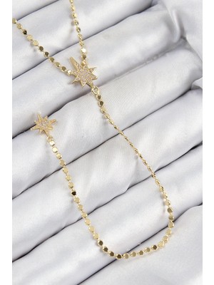 TKÇ Mey Ithalat® Pirinç Zirkon Taşlı Ezme Zincirli Kutup Yıldızı Model Gold Renk Y Kolye