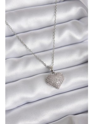 TKÇ Mey Ithalat® 316L Çelik Zincir Gümüş Renk Zirkon Taş Detay Kalp Model Kadın Kolye