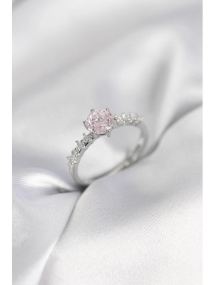 TKÇ Mey Ithalat® Gümüş Renk Pembe Tek Taş Model Zirkon Taşlı Kadın Yüzük