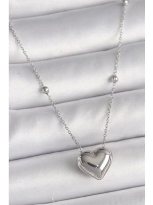 TKÇ Mey Ithalat® 316L Çelik Gümüş Renk Topçuk Detay Zincir Kalp Model Kadın Kolye