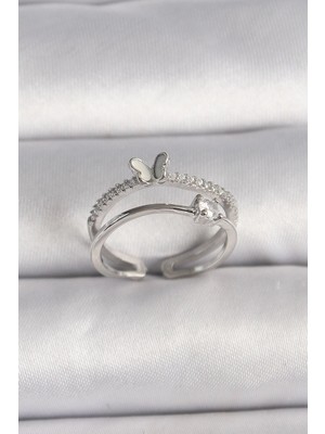 TKÇ Mey Ithalat® Pirinç Gümüş Renk Zirkon Taşlı Kelebek Figürlü Ayarlanabilir Yüzük