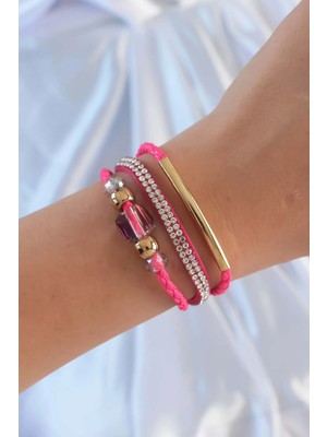 TKÇ Mey Ithalat® Pembe Renk Zirkon Taşlı Deri Çoklu Bileklik
