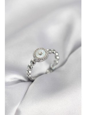 TKÇ Mey Ithalat® Gümüş Renk Sedefli Yıldız Model Zirkon Taşlı Kadın Yüzük