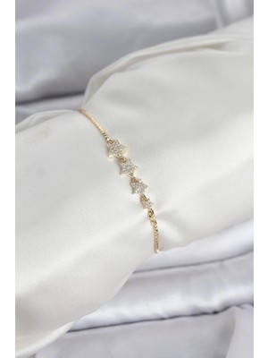 TKÇ Mey Ithalat® Gold Renk Zirkon Taşlı Yıldız Model Asansörlü Kadın Bileklik