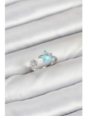 TKÇ Mey Ithalat® Pirinç Gümüş Renk Mavi Yıldızlı Model Kadın Yüzük