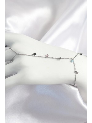 TKÇ Mey Ithalat® Pirinç Renkli Zirkon Taşlı Sallantılı Yıldızlı Model Gümüş Renk Kadın Şa