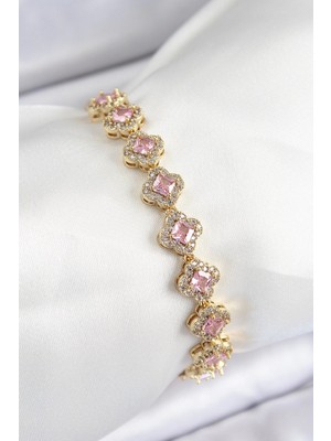 TKÇ Mey Ithalat® Pirinç Zirkon Taşlı Pembe Yonca Baget Model Gold Renk Vıp Seri Kadın Bileklik