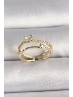 TKÇ Mey Ithalat® Pirinç Gold Renk Zirkon Taş Detaylı Kelebek Figür Ayarlanabilir Yüzük