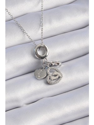 TKÇ Mey Ithalat® 316L Çelik Gümüş Renk Zirkon Taş Detay Kalp Model Charm Kadın Kolye